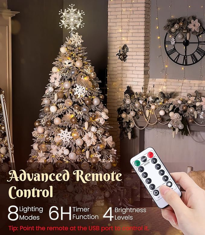 Luxspire Christmas Tree Topper, 9.5" Snowflake Metal Christmas Decorations Lights, Lighted Tree Topper with USB Plug in & Remote Control, Light Up Xmas Trees Vintage Modern Ornaments for Home Party