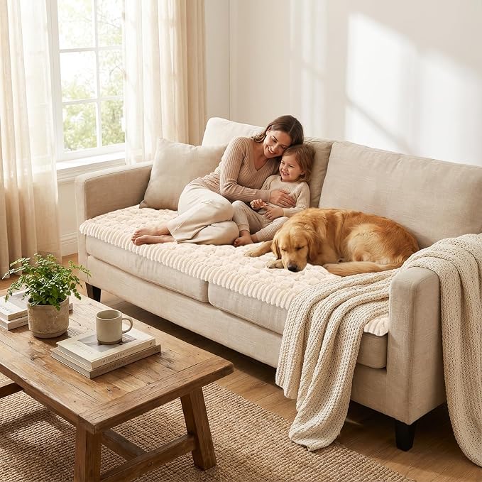 Smiry Pet Couch Cover for 3 Cushion Sofa, Non-Slip Fuzzy Couch Cover for Dogs Washable, Thick Soft Sofa Slipcovers Cushion Protector Pet Friendly (Cream, 27.6" x 82.7")