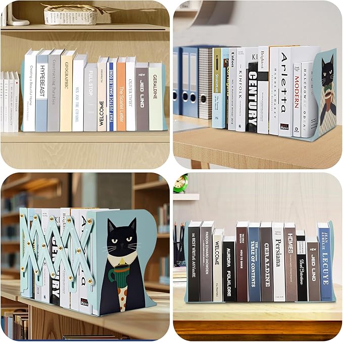 Cat Bookends, Adjustable Metal Book Ends for Shelves Decorative Unique Design for Heavy Books, Non-Skid Book Holder for Home Housewarming Cooking Lover Gifts (Cat)