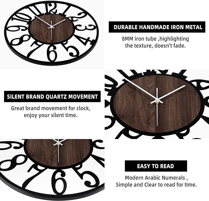LEIKE Large Wall Clocks,Silent,Non Ticking,Battery Operated Small Vintage Round Modern Wood Wall Clock for Living Room, Bedroom,Kitchen,Farmhouse,Office Decor-13.5 Inch(Black-Arabic Number)