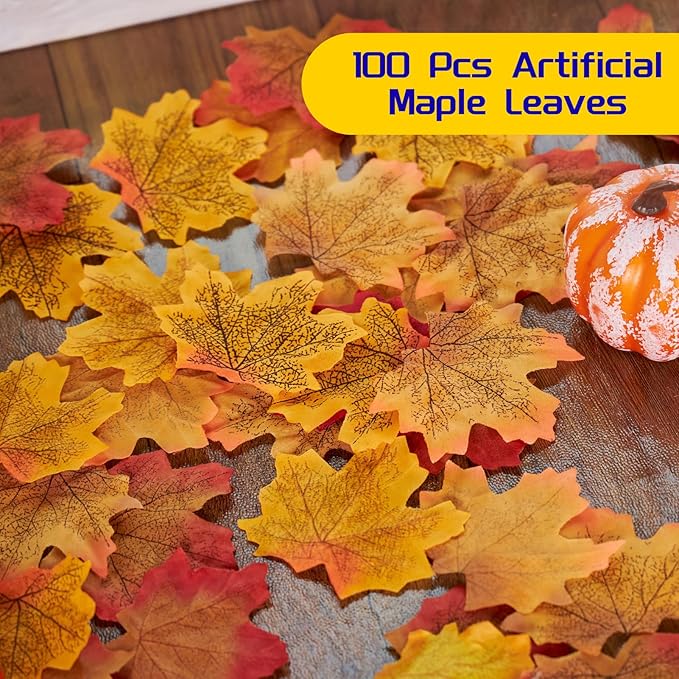 Fall Party Decorations, Fall Hanging Paper Fans, 100 Pcs Artificial Maple Leaves, Fall Leaves Garland, Fall Hanging Decorations, Pumpkin Orange Colors for Thanksgiving, Harvest Home Decor