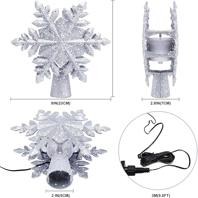 Christmas Tree Topper Lighted with White Snowflake Projector, LED Rotating Snowflake, 3D Glitter Lighted Sliver Snow Tree Topper for Christmas Tree Decorations