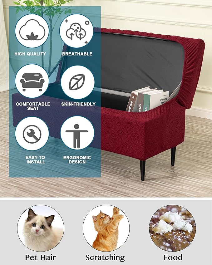 CRFATOP Jacquard Ottoman Stool Cover Stretch Folding Storage Footstool Bench Slipcovers Upholstered Foot Chest Chair Covers Washable Entryway Furniture Protector with Elastic Bands,M,Burgundy