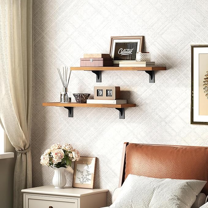 HOOBRO Floating Shelves for Wall, 15.4" Wall Mounted Shelves Set of 2, Hanging Storage Shelf with Metal Brackets, Wooden Shelf for Living Room, Bedroom, Bathroom, Rustic Brown and Black BF42BJP201G1