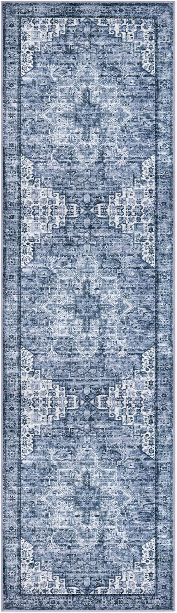 3x10 Washable Rug for Entrance, Blue Soft Printed Area Rug, Non-Slip Kitchen Rugs, Low-Pile Medallion Indoor Door Mat, Small Farmhouse Carpet for Entryway Kitchen Foyer Bedside