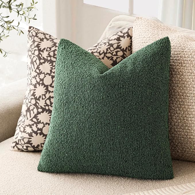 Foindtower Pack of 2 Textured Boucle Throw Pillow Covers Neutral Accent Solid Decorative Pillow Cases Cozy Woven Couch Cushion Case for Sofa Bedroom Living Room Home Decor 20x20 Inch Pine Green