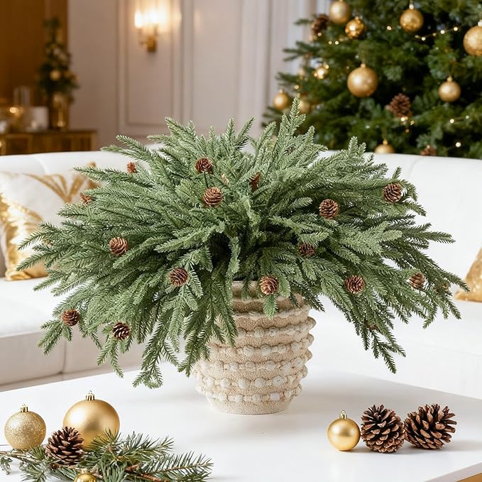 DN DECONATION Artificial Christmas Norfolk Pine Stems, Faux Pine Branches with Cones 22.4" 12PCS - Greenery Fake Pine Needles for Vase Arrangements, Winter, Holiday Indoor Outdoor Home Decor