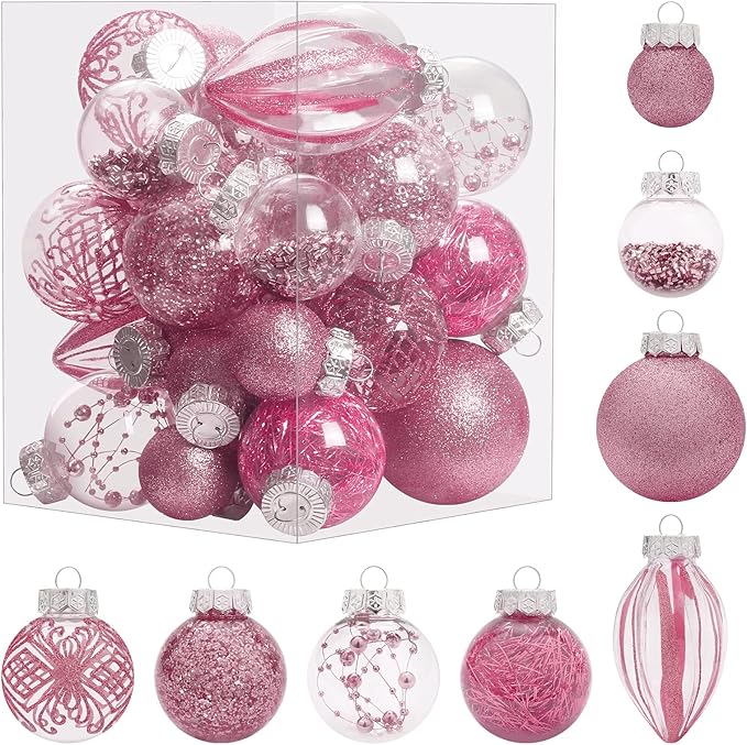 Christmas Ornaments Set, 32Pcs Clear Plastic Shatterproof Christmas Ball Hanging Ornaments for Xmas Tree Decorations, for Indoor Home Thanksgiving Party Holiday Decor - Pink.