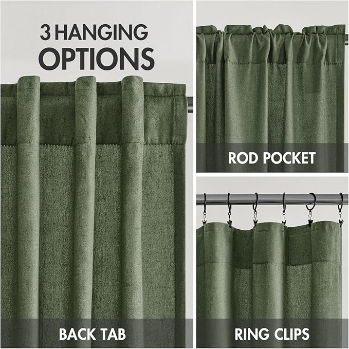 MIULEE Non-See-Through Privacy Linen Curtains 2 Panels, Olive Green Light Filtering Window Curtains Farmhouse Textured Back Tab Semi Sheer Drapes for Bedroom Living Room 84 Inches Long Dark Green
