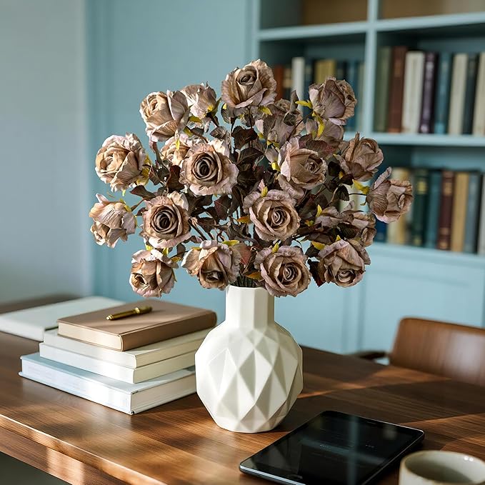 Artificial Flowers Artificial Roses Fake Roses 23.2In Long Stem Artificial Flowers for Tall Vase Silk Rose 20PCS Suitable for Indoor Decor Wedding Party Decoration DIY Bouquet Autumn (Brown)