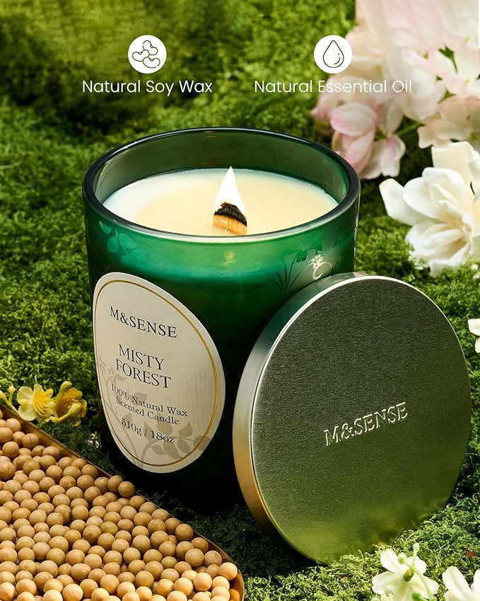 M&SENSE Misty Pine Forest Scented Candle, Wooden Wick Candle, 100 Hours Slow Burning No Toxin Natural Soy Wax 18oz, Relax Aromatherapy Fall Winter Home Fragrance, Housewarming Gifts for Men Women