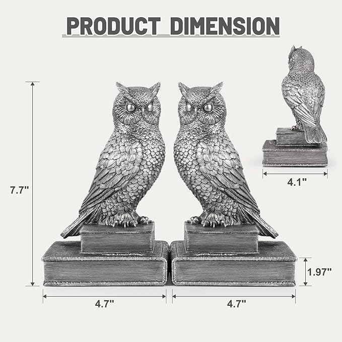 Owl Bookends, Book Ends for Shelves, Vintage Resin Decorative Bookends with Anti-Slip Base for Books Lovers Home Office Decor Book Holder (Silver)