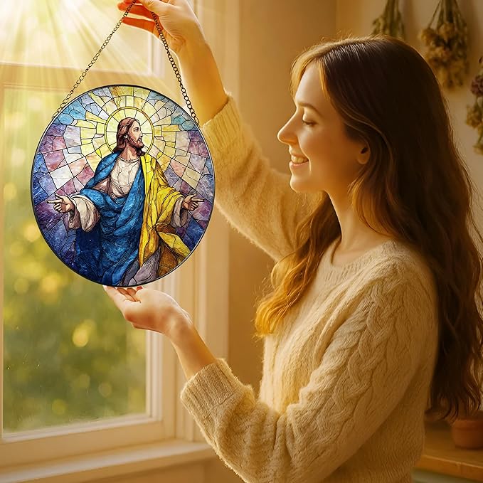 8'' Jesus Christ Stained Glass Suncatcher, Stained Glass Window Hanging, Christian Religious Decor, Christmas Ornament, Easter Resurrection Gifts, Christian Gift, Religious Gift