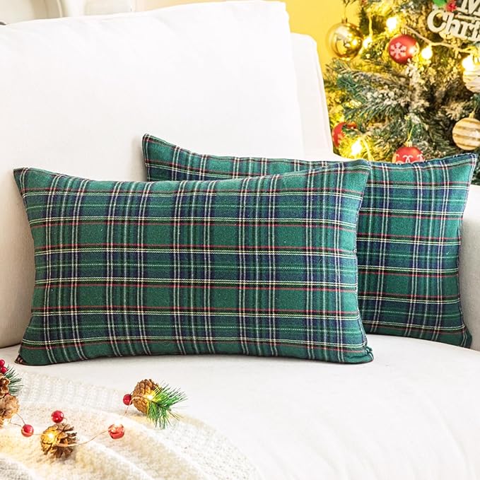 AQOTHES Pack of 2 Christmas Plaid Decorative Throw Pillow Covers Scottish Tartan Cushion Case for Farmhouse Home Holiday Decor Green and Blue, 12 x 20 Inches