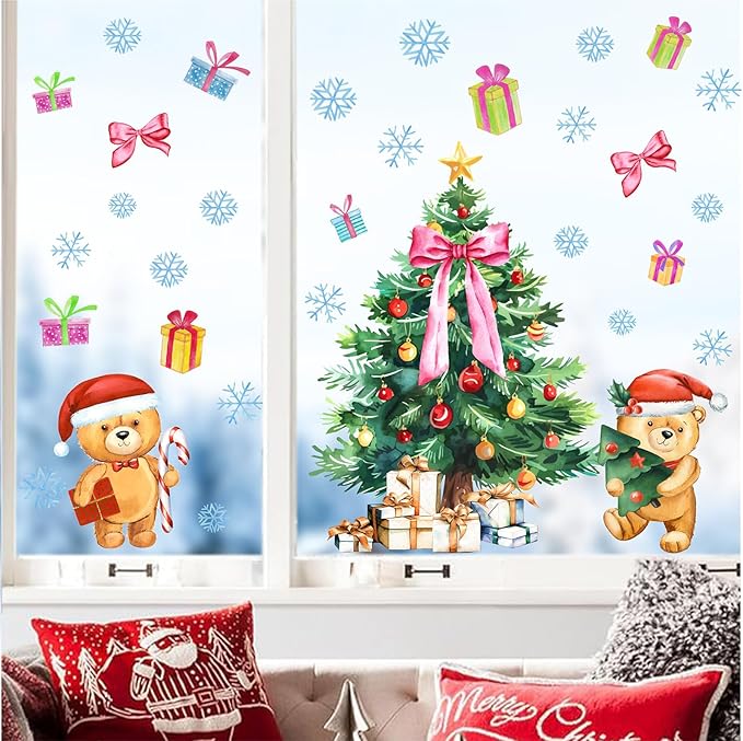 Large Christmas Tree Wall Decals Removable Watercolor Giant Pine Tree Wall Stickers Snowflake Wall Decals Peel and Stick Holiday Christmas Party Decorations