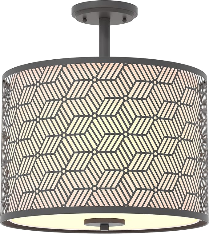Inlight 14" Wide 3-Light Modern Drum Semi Flush Mount Ceiling Light with Black Metal Frame and White Fabric Shade, Bulb Not Included, IN-0347-3-BK