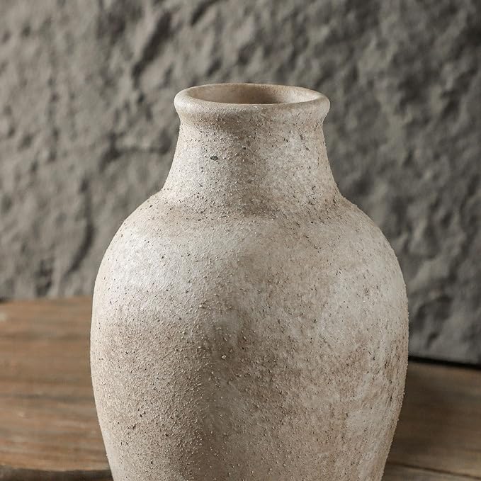 Handmade Rustic-Style Ceramic Decorative vase, Dimensions 8.3 x 5.5 inches, Featuring Distressed Gray and Terracotta hues, Suitable for Rustic, Country, and Various Decor Styles.