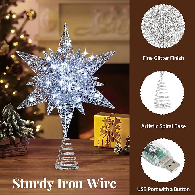 Lewondr Christmas Star Tree Topper, USB Powered Remote Controlled 11 Inch Multilayer Hexagonal Tree Toppers Christmas Decor with 8 Light Modes for Home Holiday Xmas, Timer Function, Silver
