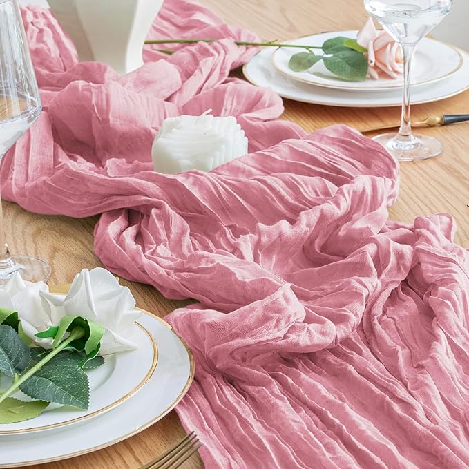 4PCS Table Runner Cheesecloth 10FT Pink Boho Gauze Cheese Cloth Rustic Sheer Table Runners for Wedding Birthday Bridal Baby Shower Party Decoration