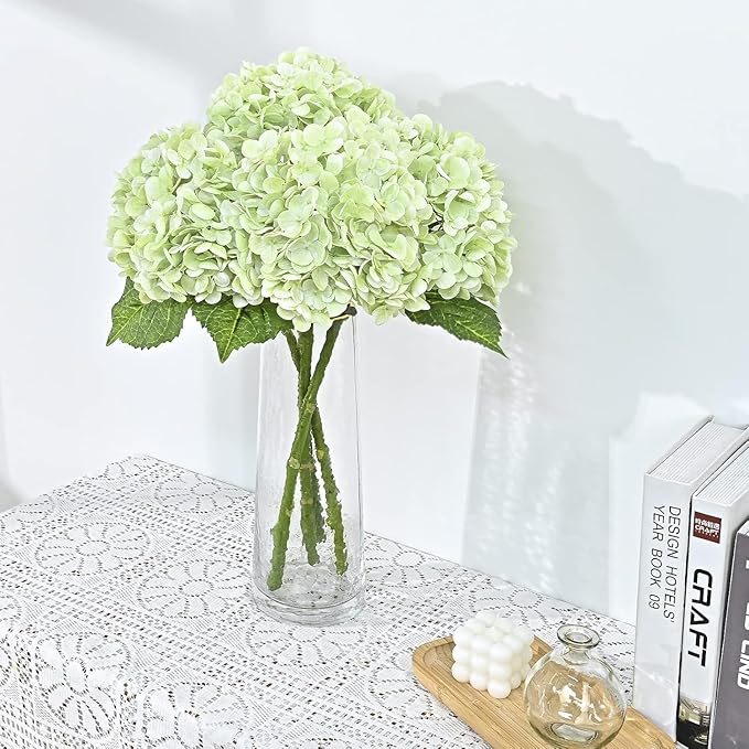 Waipfaru 21" Real Touch Green Hydrangea Artificial Flowers with Long Stem & Leaves, Full Latex Faux Hydrangea Flowers for Home Decor Party Floral Arrangements Wedding Bouquets Centerpieces, 5Pcs