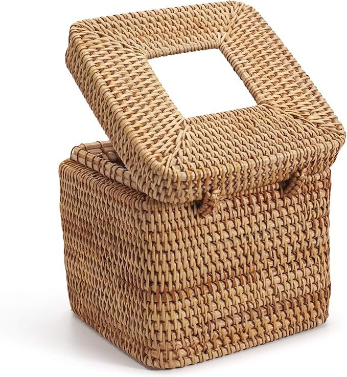 Rattan Square Tissue Box Cover, 5.7" x 5.7" x 5", Decorative Woven Facial Tissue Holder with Hinged Top Lid, Natural Color