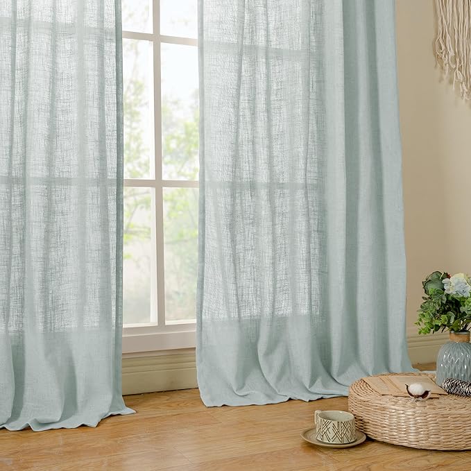 LAMIT Linen Curtains 108 Inches Long for Living Room, Back Tab and Rod Pocket Linen Textured Sheer Curtains Light Filtering Curtains for Boho Farmhouse, 2 Panels, 52 x 108 Inch, Greyish Blue