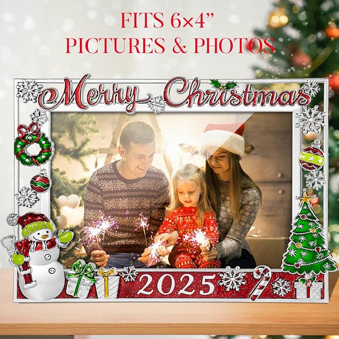 2025 Christmas Decorations Picture Frame 4x6 Snowflake Christmas Metal Photo Display Photo Frames with High Definition Glass Front Gift Ideas Tabletop Home Decorative (Snowman 2025)