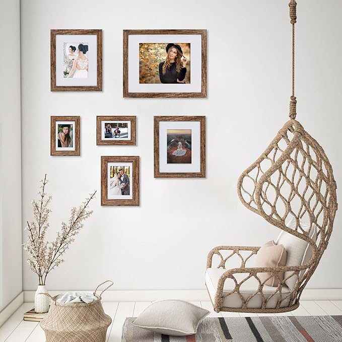 4x6 Picture Frame Set of 2, Made of Real Glass and Rustic Brown Wooden Frame - Display Pictures 3.5x5 with Mat or 4x6 Without Mat, 4 by 6 Photo Frame for Wall or Tabletop Display