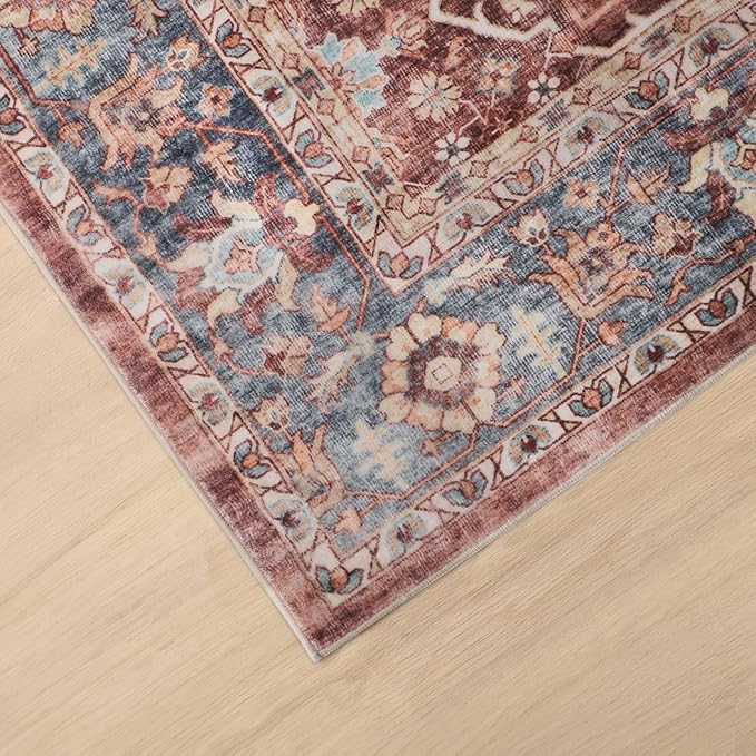 Dripex Vintage Washable Area Rug - 5x8 Distressed Rugs for Living Room Bedroom Oriental Medallion Floral Print Carpet Low-Pile Indoor Soft Non-Slip Accent Rug Farmhouse Office Home Decor