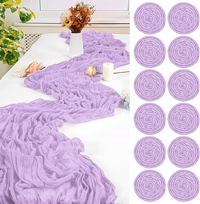 12 Pack Lavender Cheesecloth Table Runner 10FT Cheese Cloths for Wedding Decor, 20x120inch Rustic Boho Gauze Table Runners for Wedding Party Bridal Shower Table Decoration