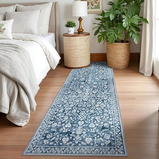Vintage 2.6x8 Hallway Runner, Blue and White Washable Non-Slip Hallway Carpet, Super Soft Kitchen Runner Rug, Print Faux Wool Floral Thin Carpet for Indoor & Bedside
