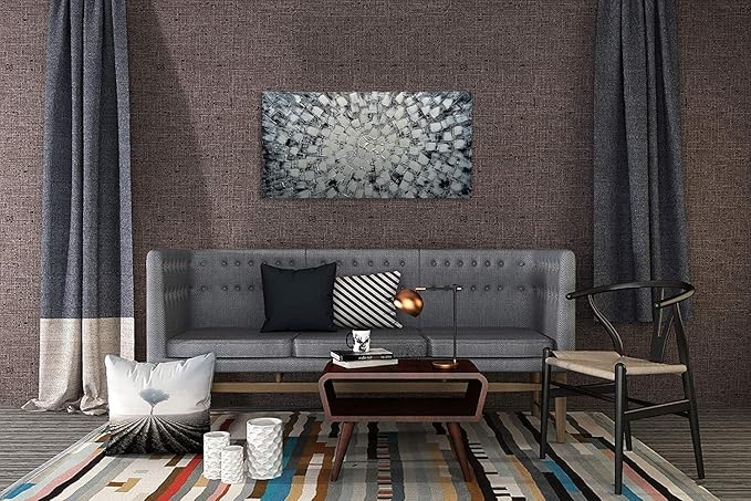 MyArton Textured Abstract Squares Canvas Wall Art Hand Painted Modern Black Silver Oil Painting for Home Decoration Ready to Hang Horizontal or Vertical 48x24inch