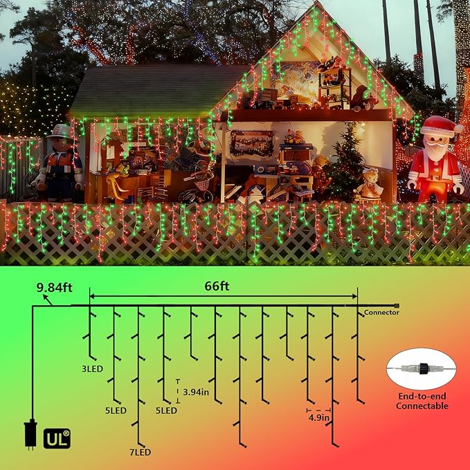 YEGUO 66ft 800 LED Red and Green Icicle Lights Outdoor Waterproof, 160 Drops Icicle String Lights Connectable, 8 Modes Icicle Christmas Lights with Memory Timer