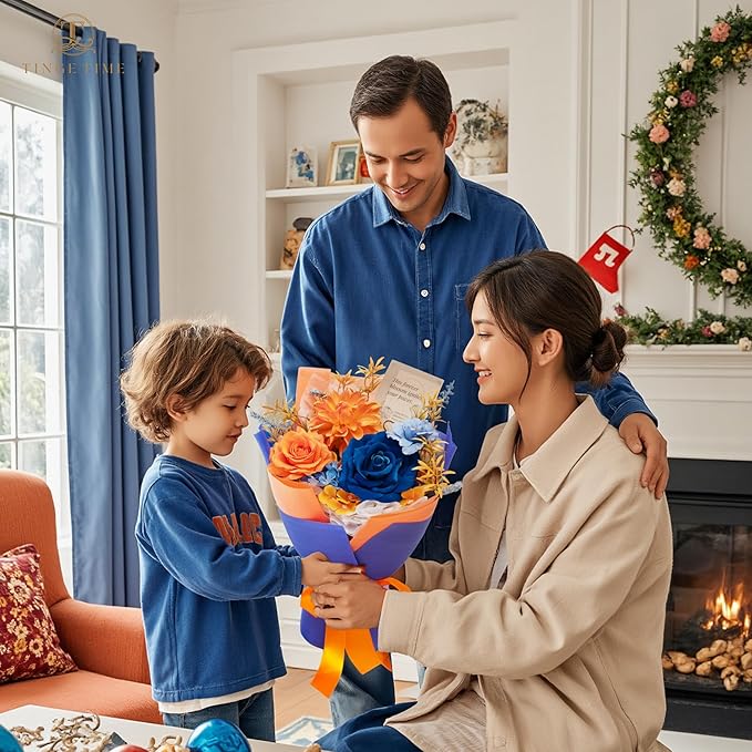 TINGE TIME Preserved Flowers Bouquet, Orange & Navy Blue Roses Gift Bouquet, Aritifical Flowers Gifts for Women, Eternal Roses Bouquet for Wife Anniversary Christmas Anniversary Home Décor