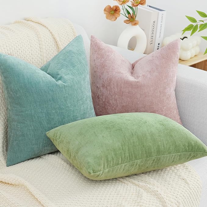 decorUhome Chenille Aqua Haze Throw Pillow Covers 18x18 Inch Set of 2, Decorative Soft Couch Pillow Covers Solid Dyed Accent Velvet Farmhouse Neutral Square Pillow Cases for Sofa Bed Living Room