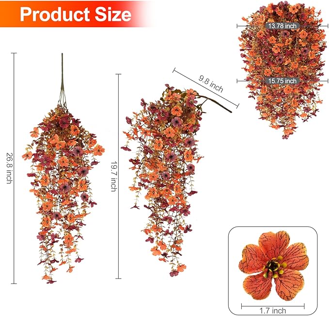 Fall Decor Artificial Flowers for Outdoor Decoration, 4Pcs Fake Hanging Flowers Mums Silk UV & Fading Resistant, Artificial Faux Plants for Home Patio Yard Garden Farmhouse Halloween