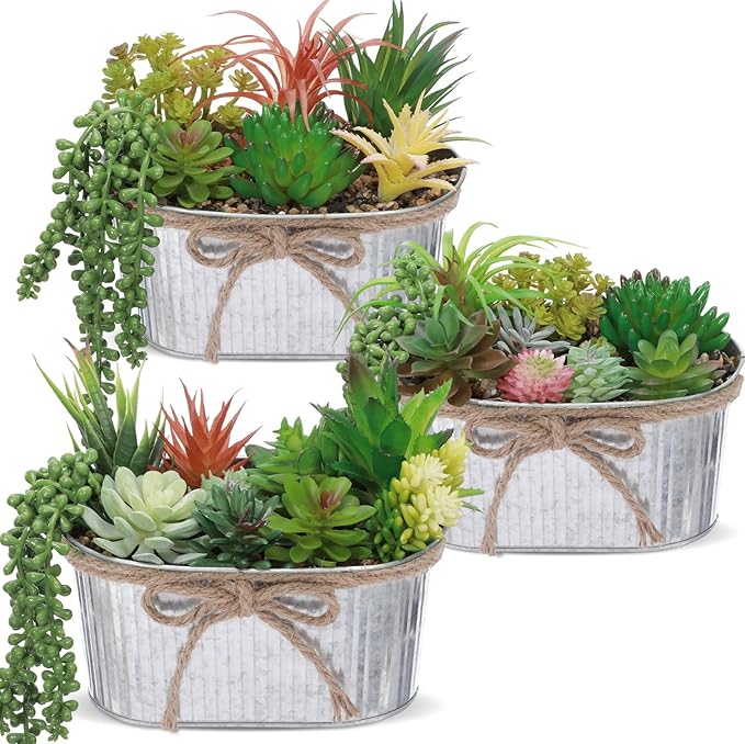 3 Pack Mini Potted Artificial Faux Plastic Succulent Combination Plants Christmas Farmhouse Galvanized Metal Pots Plastic Topiaries Plants for Xmas Home Office Shelf Desk Table Decor