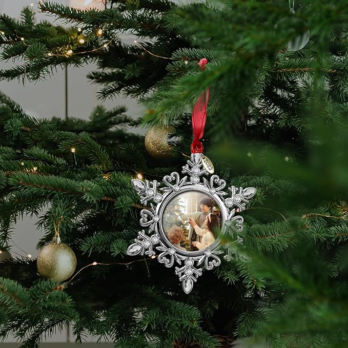 2025 Snowflake Picture Frame Christmas Ornaments 2" Metal Hanging Pendant for Tree Small Decorative Keepsake, Display Photo for Baby and Pet (Silver (2025))