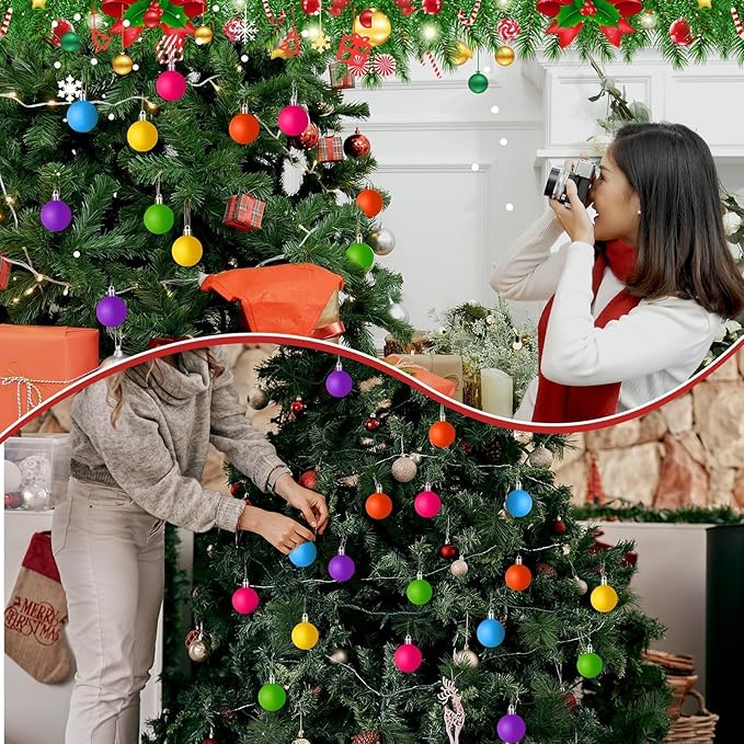 48 PCS 1.57 Inch Mini Neon Color Christmas Ball Ornaments Living Room Garden, Shatterproof Christmas Tree Ornament Set Small Ball Pendant for Xmas Party Supplies