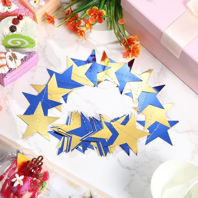 Patelai Glitter Star Garland Banner 2026 New Years Decor 130 Feet Star Hanging Banner Twinkle Backdrop for Birthday Classroom Wedding Christmas Party Supplies(Blue, Gold)
