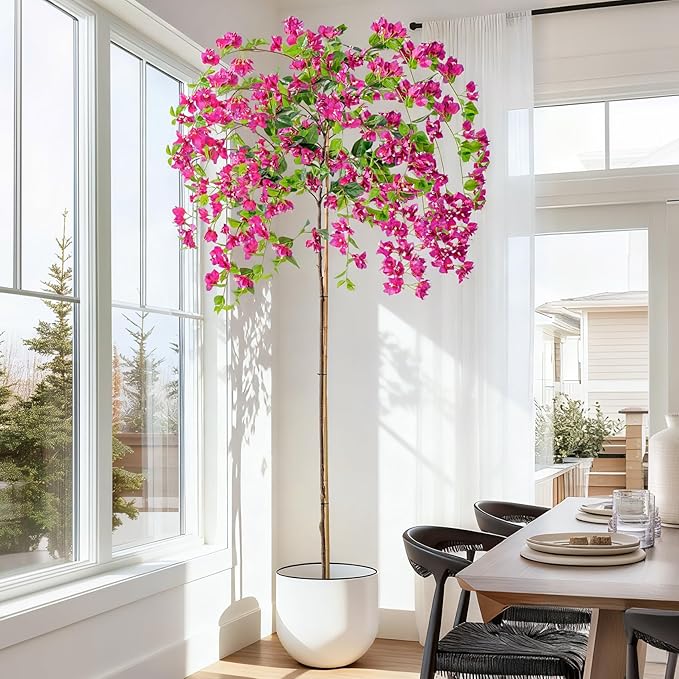 7.2FT Artificial Bougainvillea Tree Artificial Tree Tall Potted Fake Bougainvillea Trees for Outdoor Indoor Lifelike Potted Faux Plants with Wood Trunk and Flowers Office Wedding Home Decor