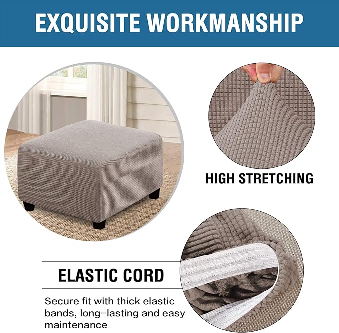 H.VERSAILTEX Square Ottoman Covers Ottoman Slipcovers Folding Storage Stool Furniture Protector Form Fit with Elastic Bottom, Stretch High Spandex Small Checks Jacquard Fabric(Medium,Taupe)