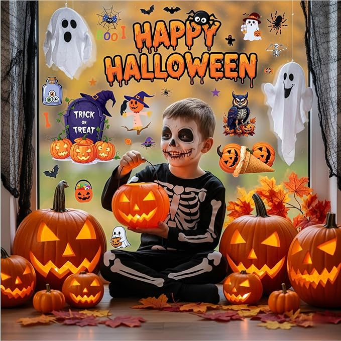 Halloween Window Cling Stickers | Halloween Decorations Party Decorations Indoor Outdoor Décor Accessories Party Favors Supplies Craft Gift Idea For Kids Adult Pumpkin Skull Skeleton Spider - 8 Sheets