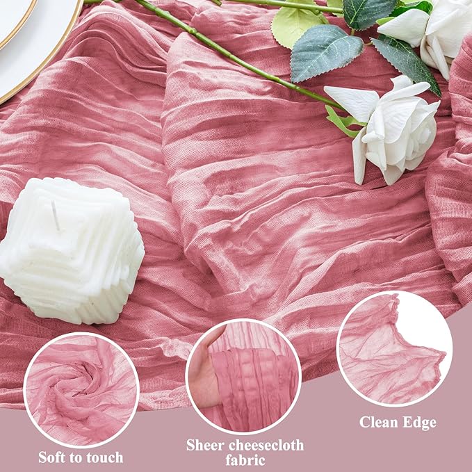 3PCS Table Runner Cheesecloth 10FT Dusty Rose Boho Gauze Cheese Cloth Rustic Sheer Table Runners for Wedding Birthday Bridal Baby Shower Party Decoration