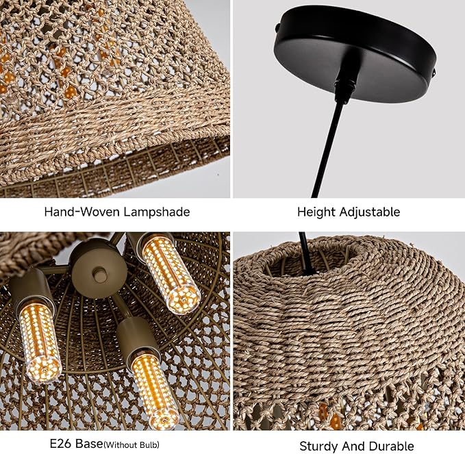 18.5" Rattan Pendant Light,3-Light Large Wicker Hanging Light Hand Woven Water Plants Rattan Chandelier Boho Seagrass Pendant Light Fixtures for Dining Living Bedroom Kitchen Restaurant