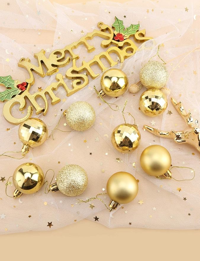 Aitsite 24ct Christmas Tree Ornaments Set 1.57 inches Mini Shatterproof Holiday Ornaments Balls for Christmas Decorations (Gold)
