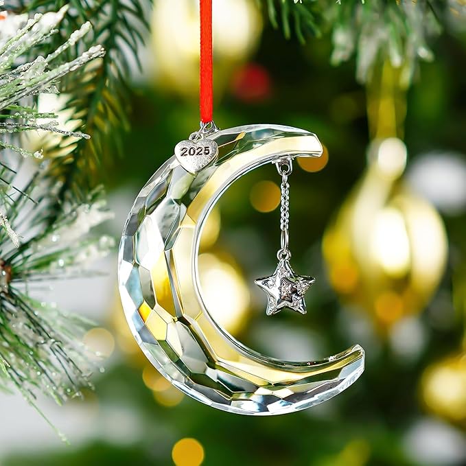 H&D HYALINE & DORA 2025 Christmas Moon Ornament Crystal Christmas Moon Hanging Ornament Clear Crystal Suncatcher Ornament for Xmas Winter Party Home Decor