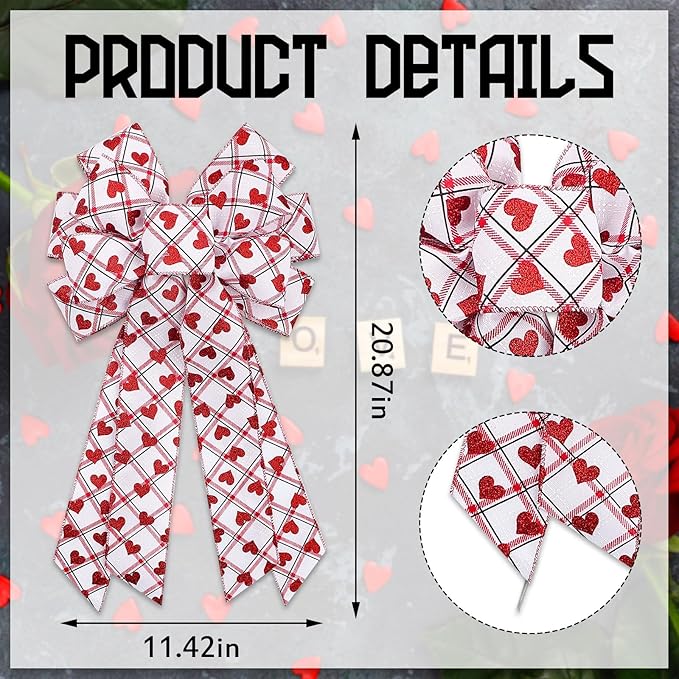 Large White Red Heart Plaid Bow, 11.42"x20.87" Wreath Bow for Wedding Party Tree Topper Front Door Indoor Outdoor Decorations