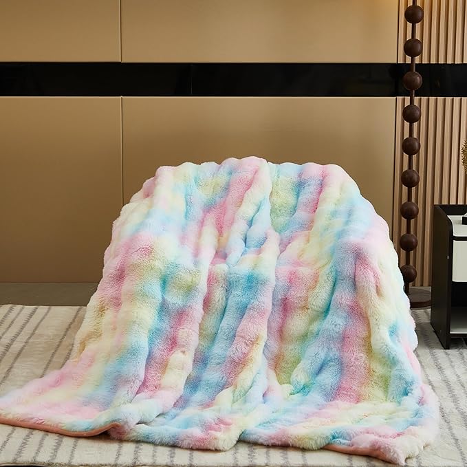 Soft Fluffy Blanket - Fuzzy Throw Blanket for Couch, Plush Rabbit Faux Fur Blanket, Cute Cozy Blankets for Women, Thick Warm Bubble Blankets for Bed Sofa Bedroom Living Room - 51" x 63"