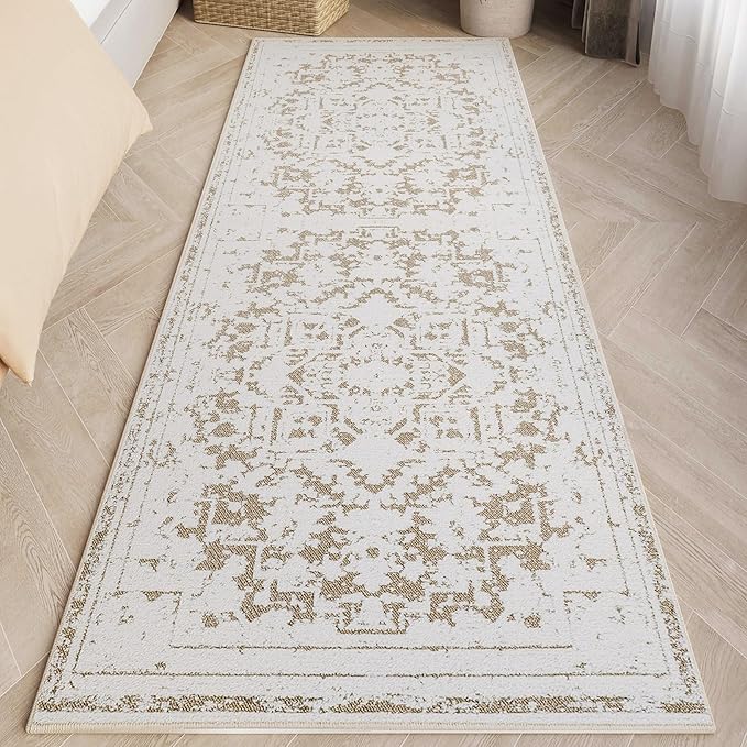Vintage Runner Rug Non Slip for Hallway Bathroom Kitchen 2x8 ft, Ultra Soft Boho Carpet Runner with Low Pile Design Machine Washable Runner Rugs for Entryway Laundry Living Room (Khaki)